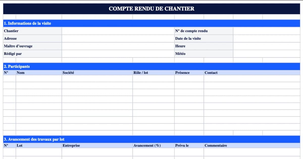 Modèle de compte rendu de chantier Excel gratuit