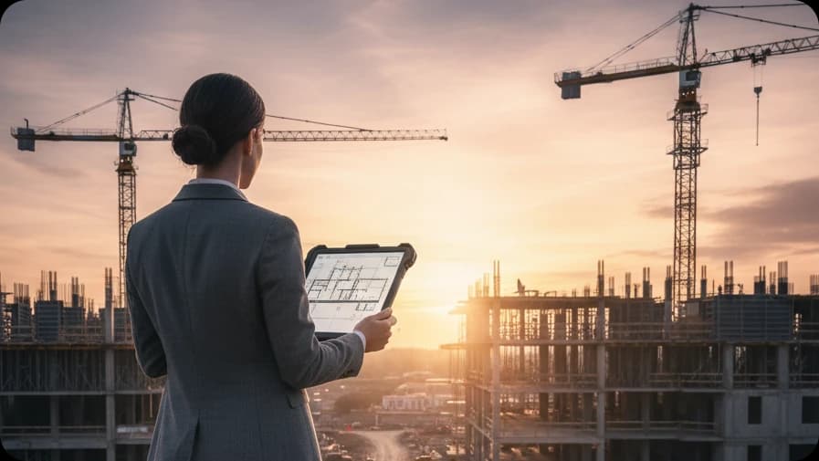 Architecte consultant un plan sur une tablette durcie face à un chantier et ses grues au coucher du soleil