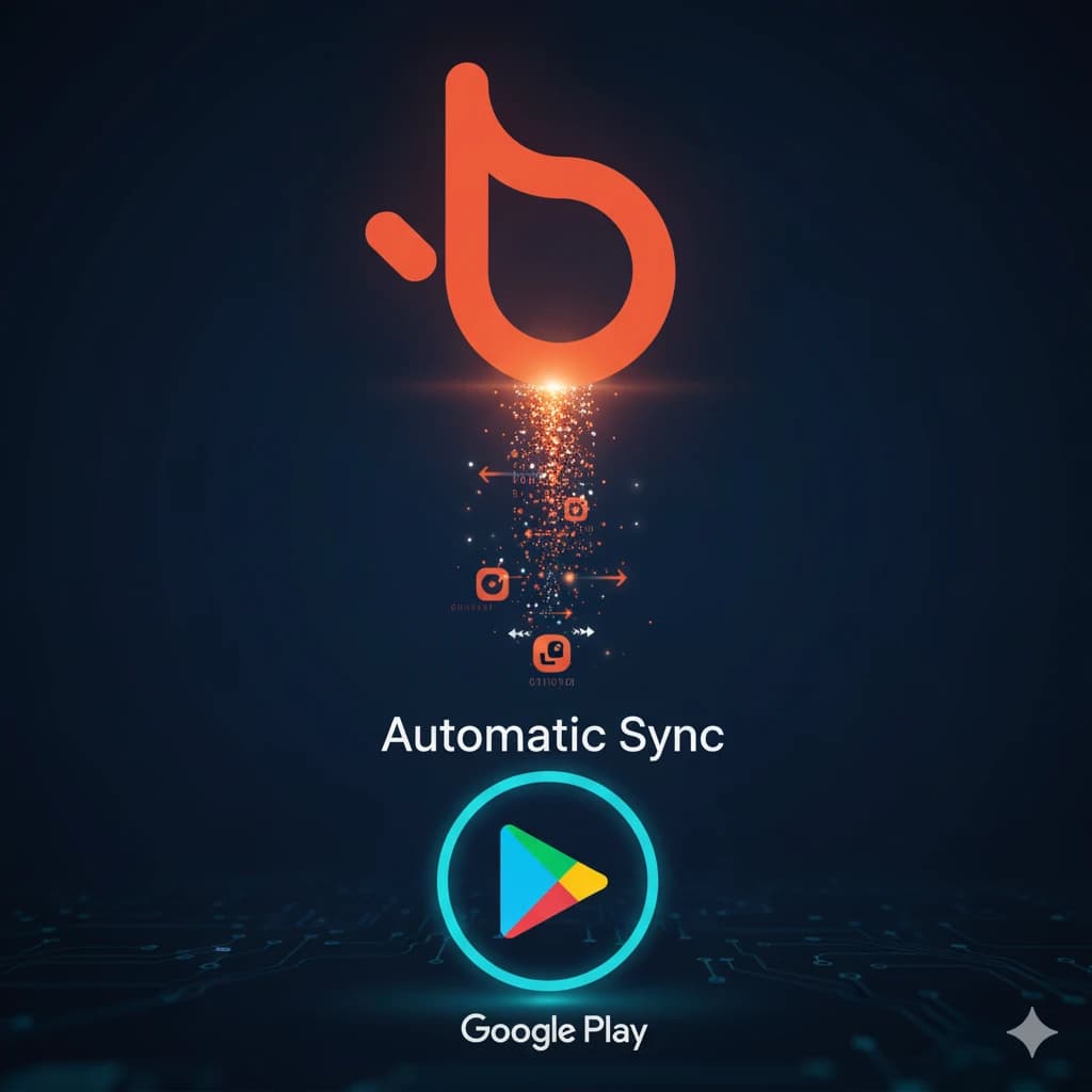 Logo Touch2build diffusant des données, avec la mention « Automatic Sync » et le logo Google Play
