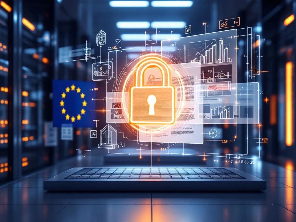 Cadenas lumineux devant des documents de chantier et le drapeau européen dans une salle de serveurs