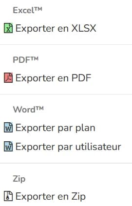 Menu d’export : XLSX, PDF, Word par plan ou par utilisateur, et archive Zip