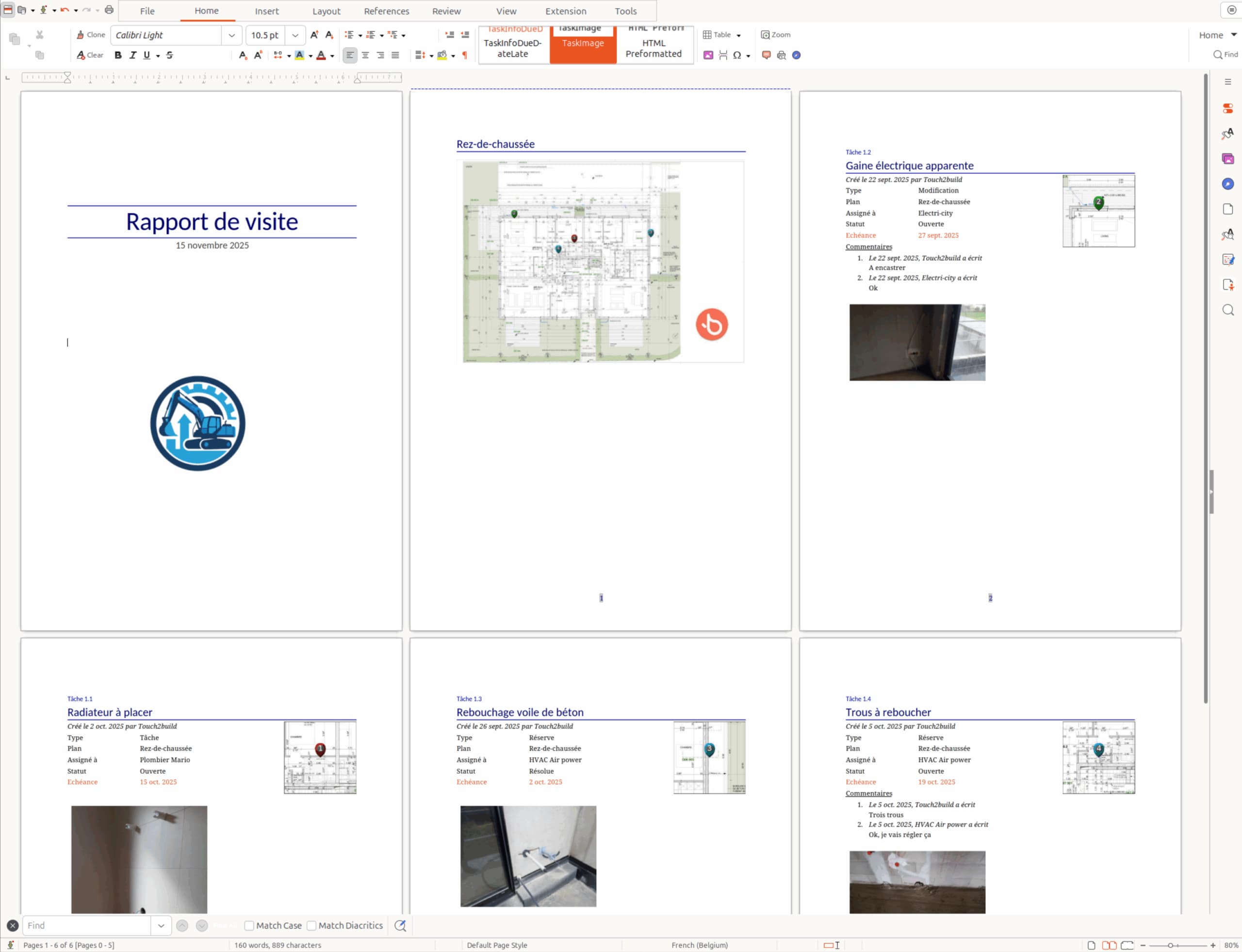 Rapport de visite Word généré : page de garde, plan annoté et fiches de tâches avec photos
