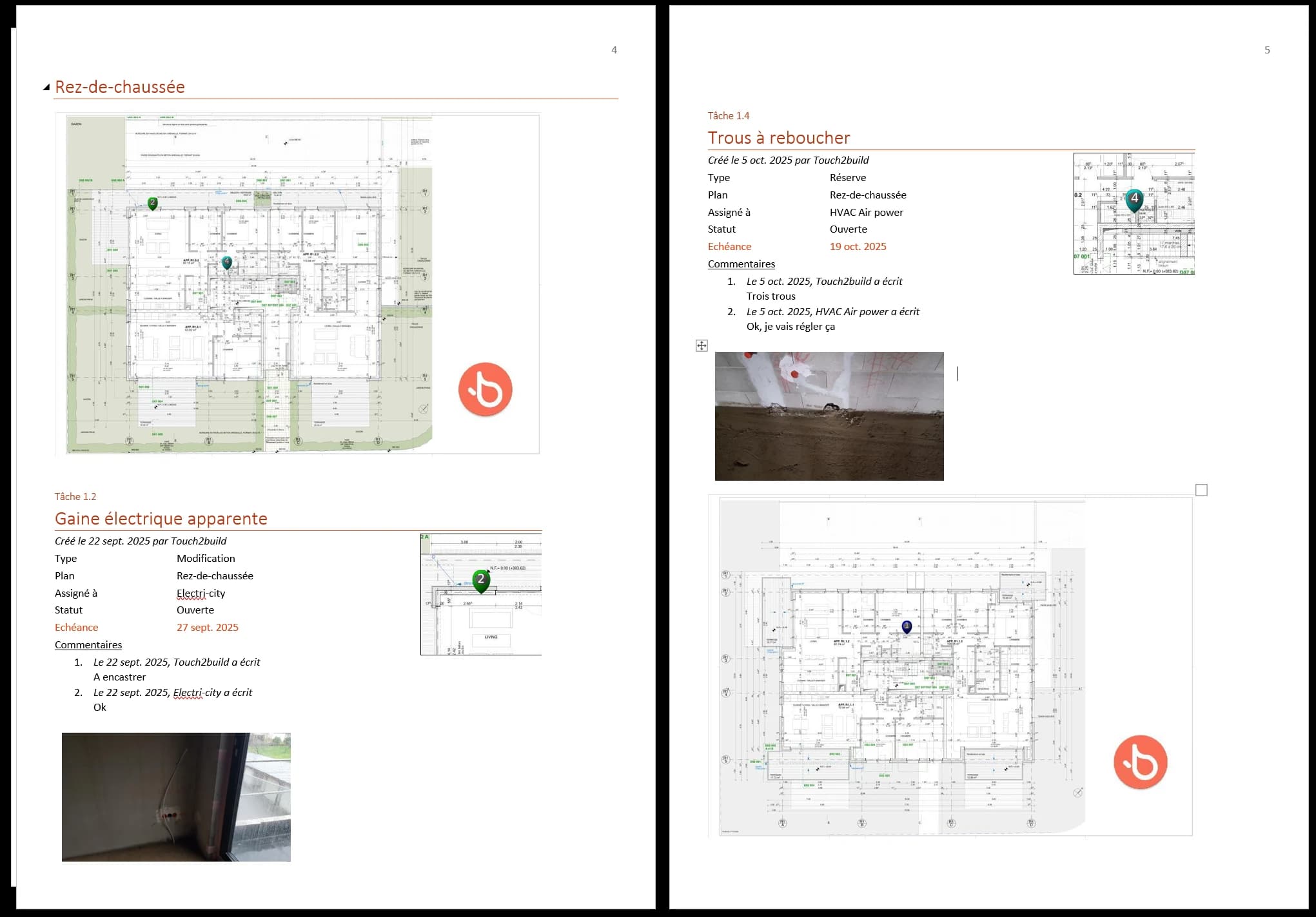 Pages d’un rapport Word : plan du rez-de-chaussée et fiches de tâches avec commentaires et photos
