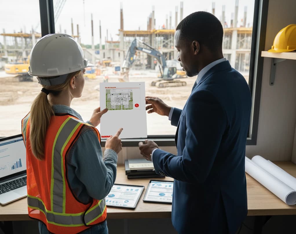 Deux professionnels examinent un rapport imprimé avec plan annoté devant un chantier
