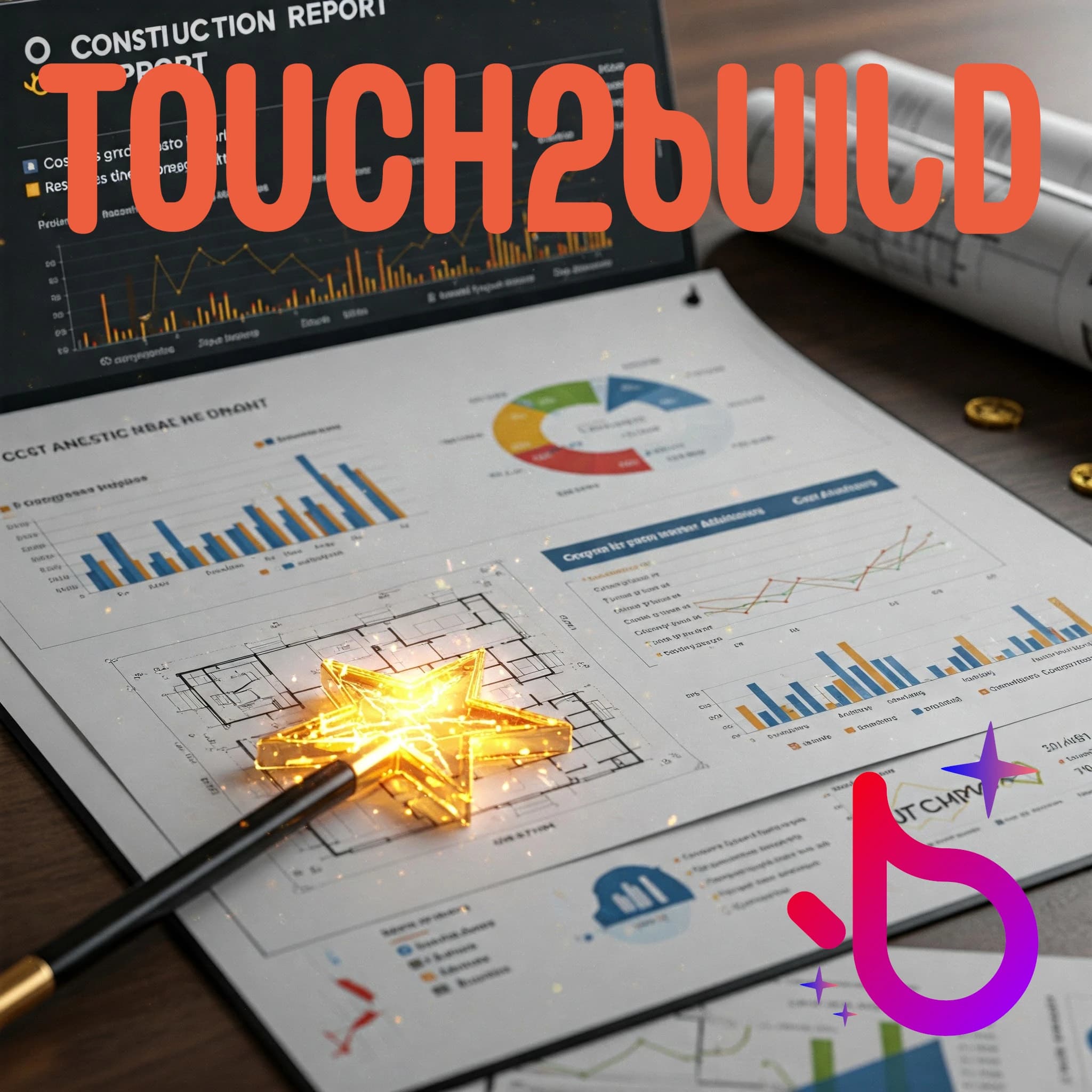 Rapport de chantier avec graphiques et plan, une baguette magique étoilée et le logo Touch2build