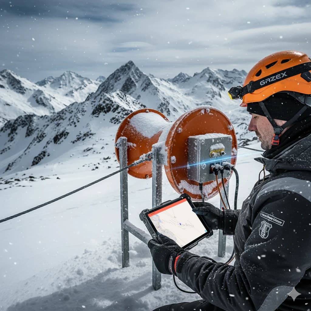 Technicien en haute montagne consultant une carte sur tablette près d’un équipement enneigé
