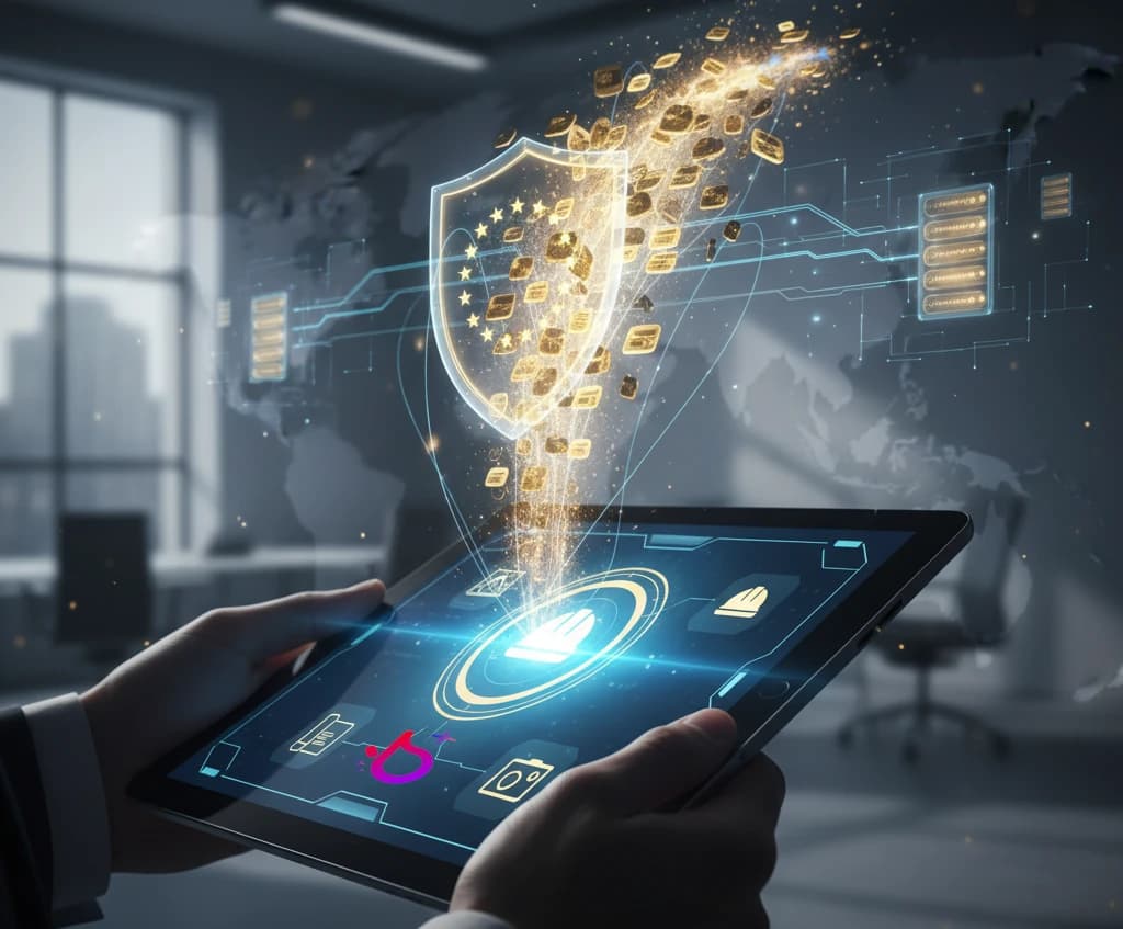 Tablette tenue en main d’où émerge un bouclier aux étoiles européennes protégeant les données