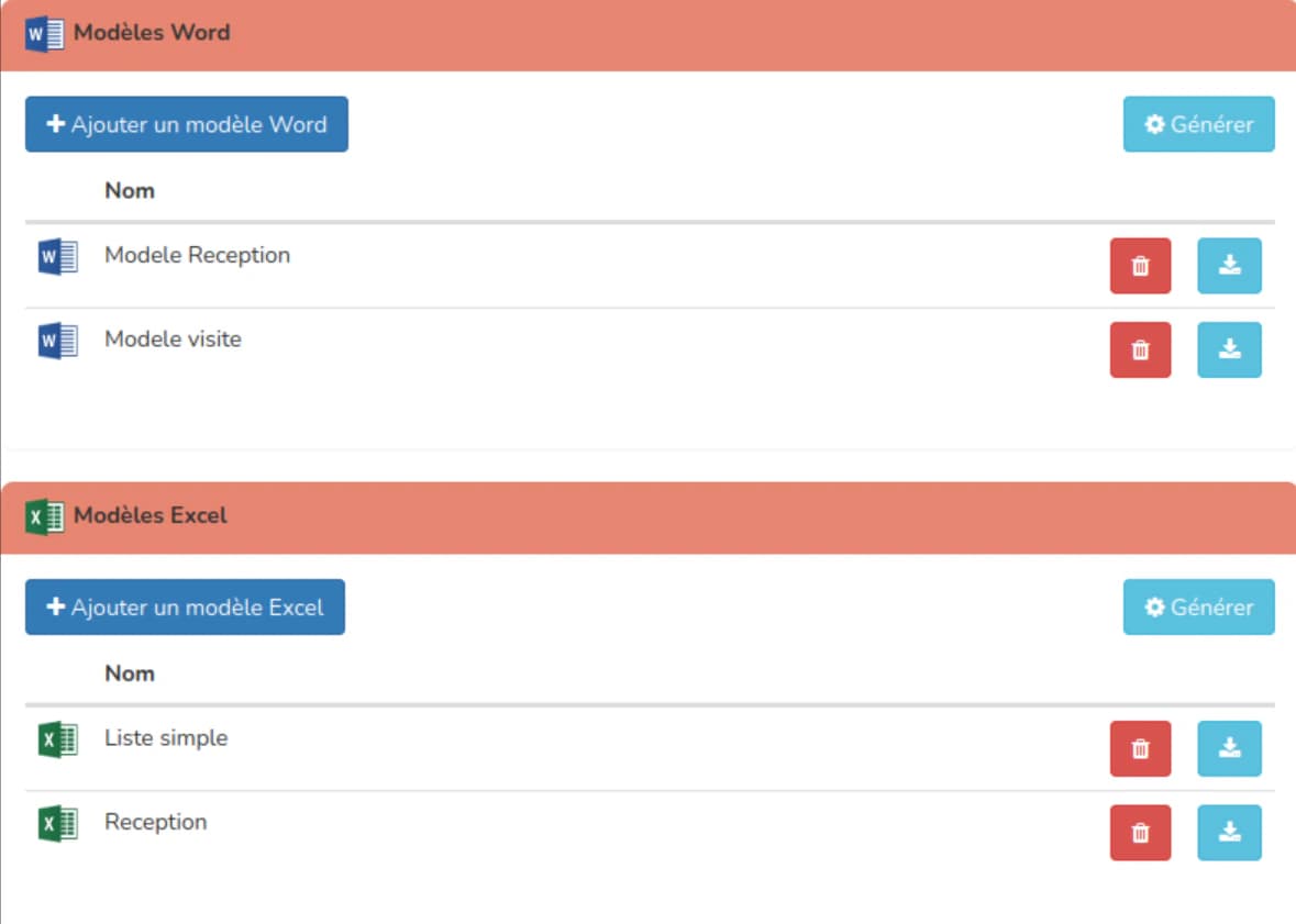Gestion des modèles de rapport Word et Excel, avec boutons d’ajout et de génération