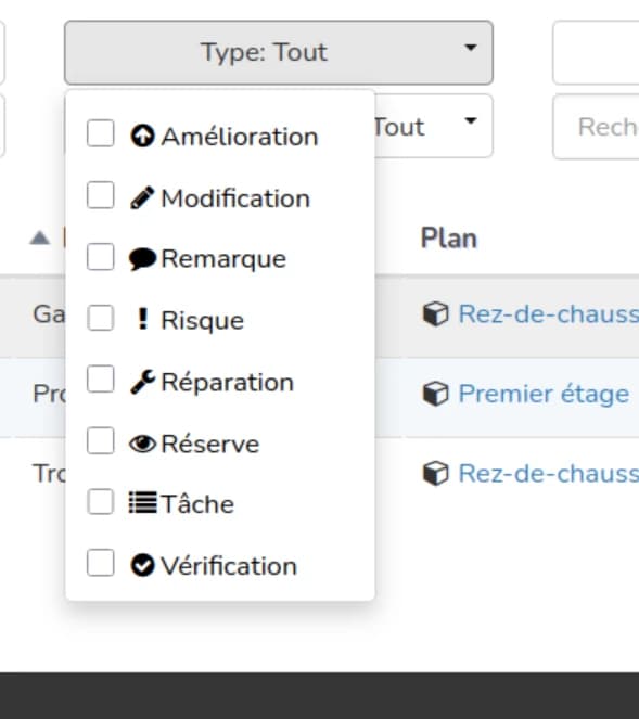Filtre par type de tâche : amélioration, modification, remarque, risque, réparation, réserve, tâche