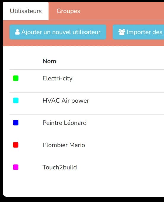 Liste des utilisateurs du projet, chacun identifié par une couleur, avec bouton d’ajout