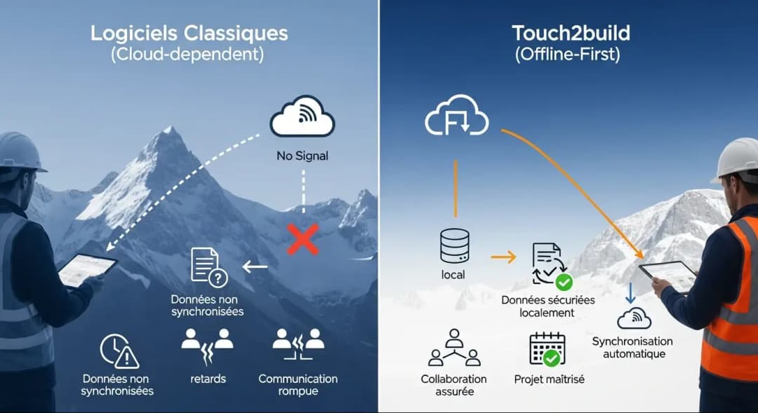 Infographie : les logiciels classiques dépendant du cloud perdent la synchronisation sans réseau en montagne, tandis que Touch2build fonctionne hors ligne, sécurise les données localement et les synchronise automatiquement