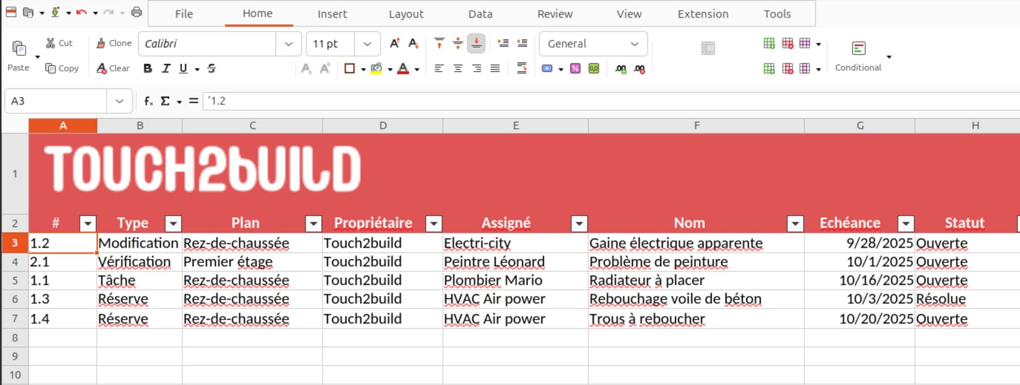 Export Excel Touch2build listant les tâches avec type, plan, intervenant, échéance et statut