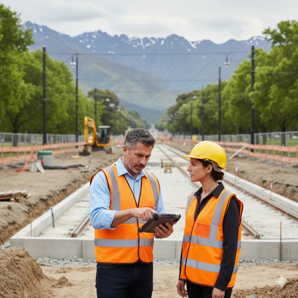 Deux responsables en gilet orange consultent une tablette sur un chantier de voie de tram
