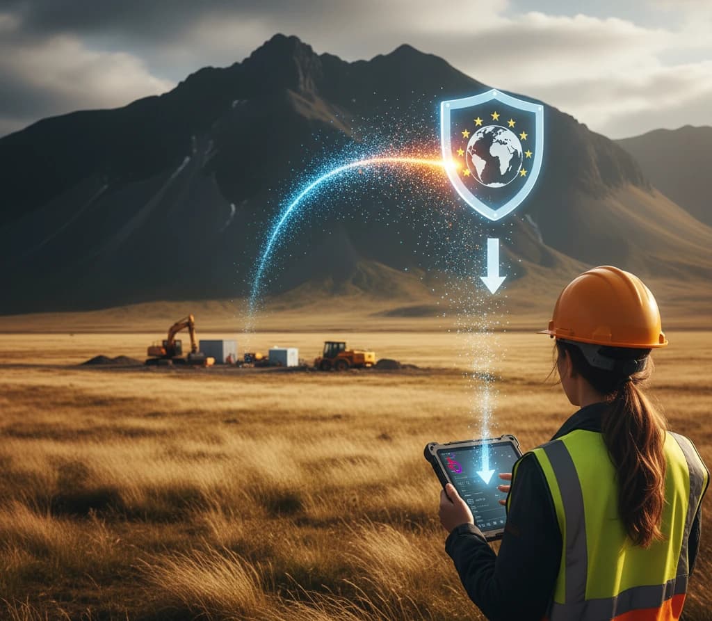 Ouvrière sur un chantier isolé en montagne recevant sur sa tablette des données protégées